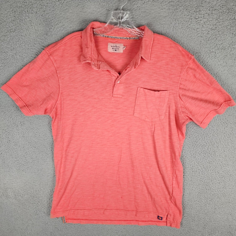 The Normal Brand Polo Shirt Mens Medium Pink Slub Knit Cotton Short Sleeve Bear